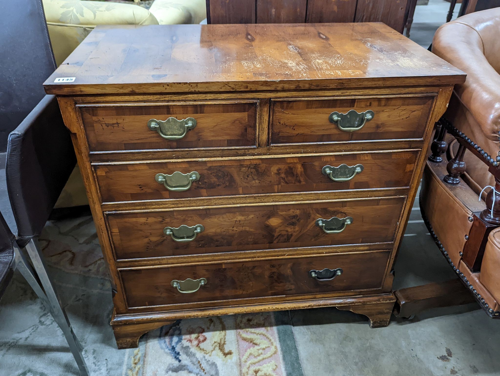 A pair of reproduction George III style yew chests, width 75cm, depth 43cm, height 74cm